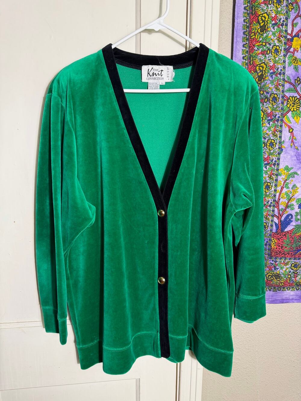 Vintage 90s Emerald Green Velour Cardigan L Black Trim Knit Connection
